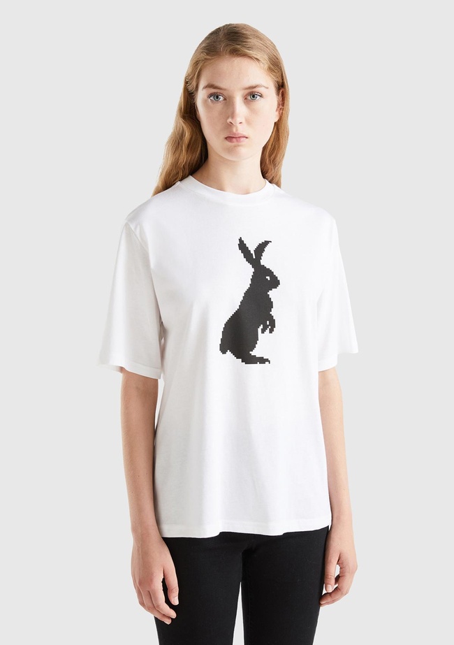  Kadın Beyaz %100 Koton Tavşan Baskılı T-Shirt