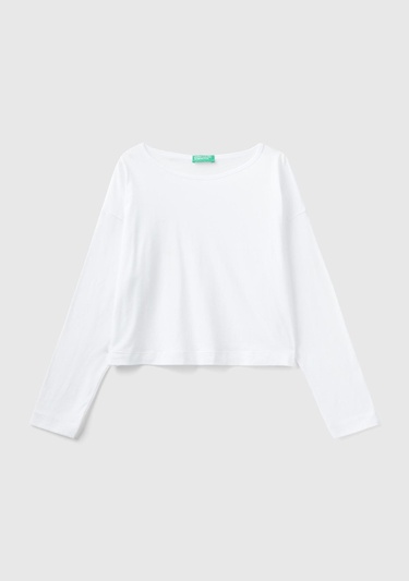  Kadın Beyaz %100 Koton Boxy Fit Uzun Kollu T-Shirt