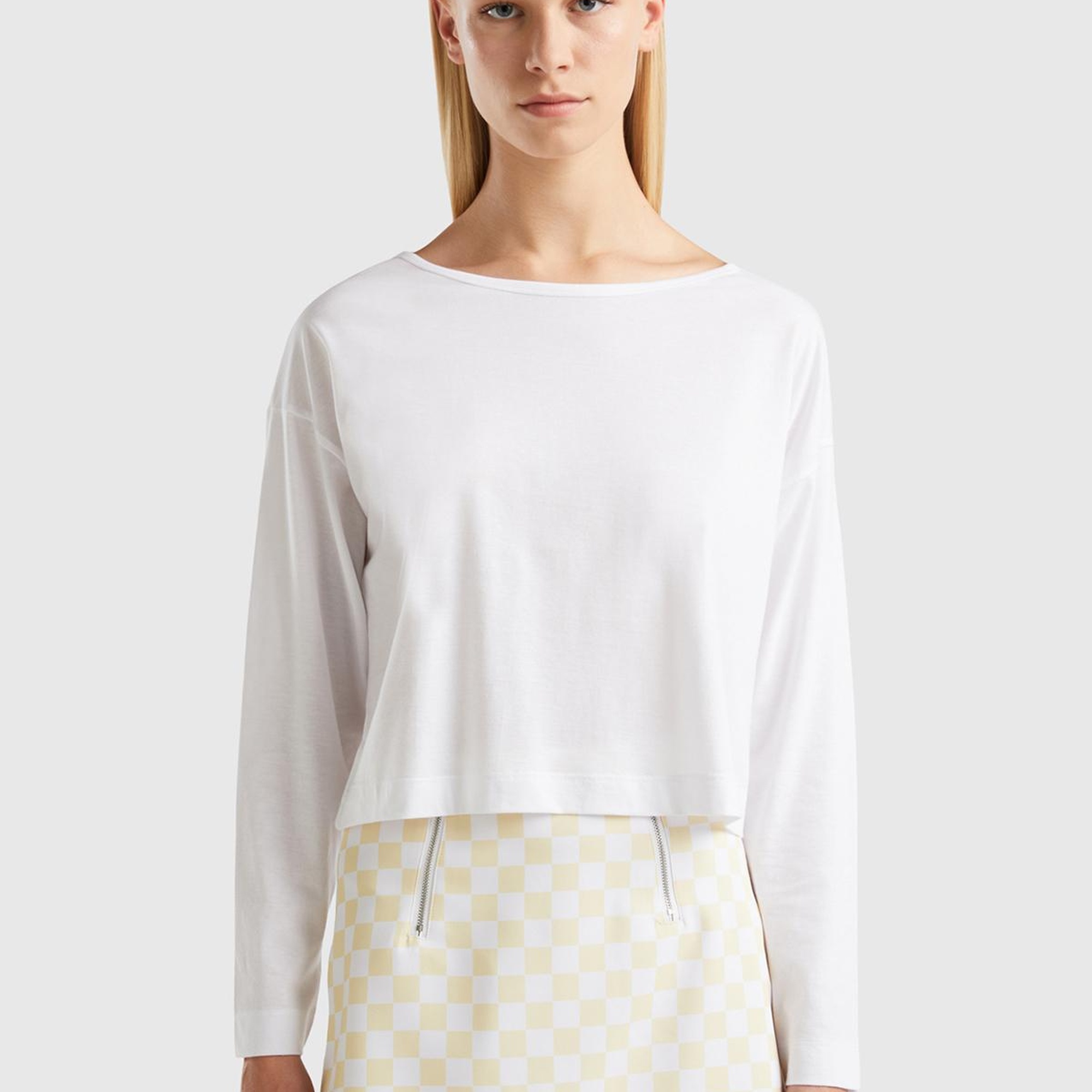 Kadın Beyaz %100 Koton Boxy Fit Uzun Kollu T-Shirt