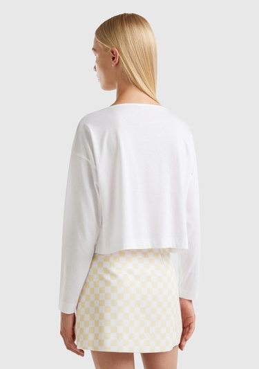  Kadın Beyaz %100 Koton Boxy Fit Uzun Kollu T-Shirt