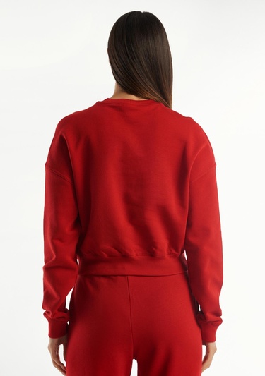  Kadın Kırmızı %100 Koton Rahat Kalıp Logolu Sweatshirt