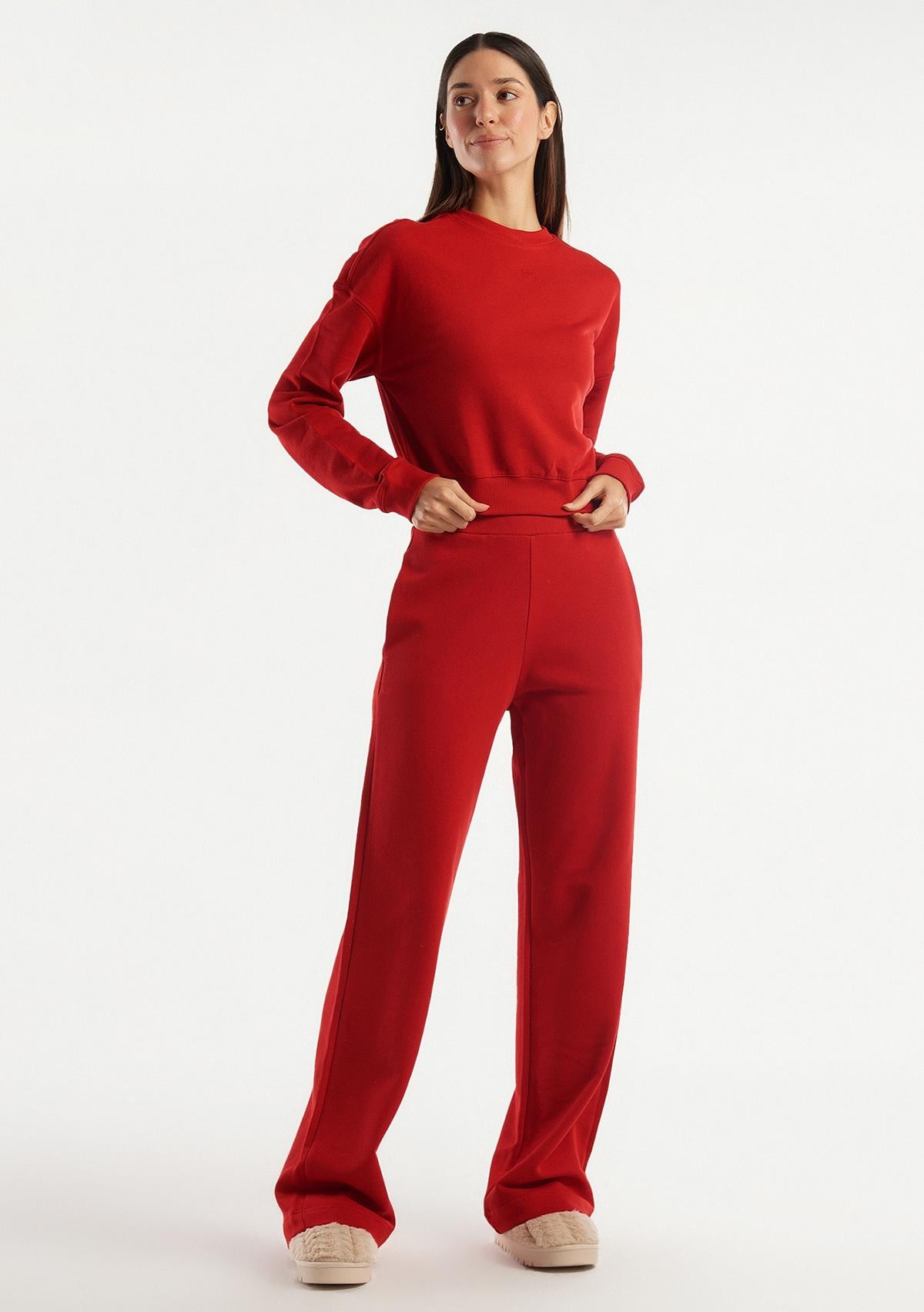  Kadın Kırmızı %100 Koton Rahat Kalıp Logolu Sweatshirt