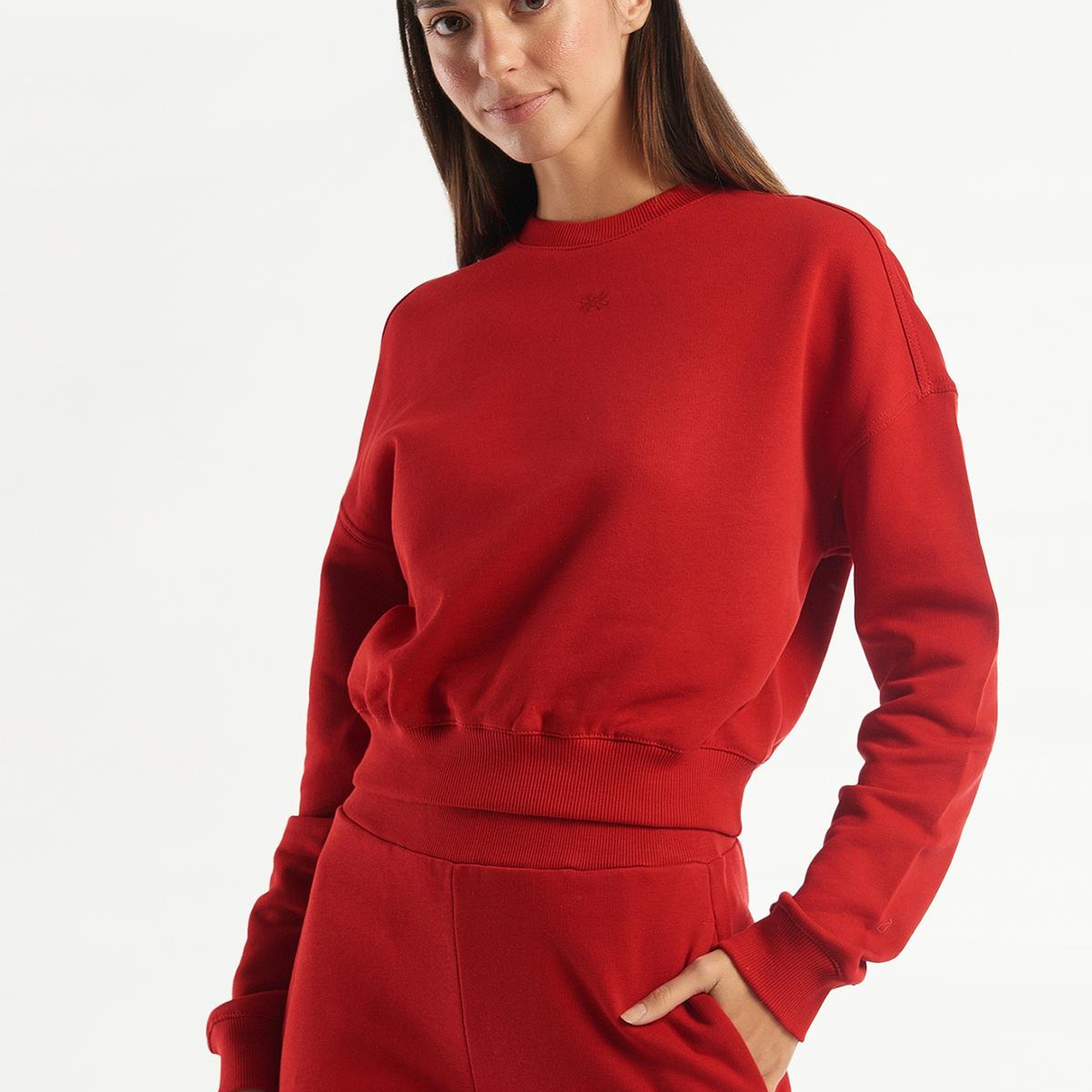 Kadın Kırmızı %100 Koton Rahat Kalıp Logolu Sweatshirt