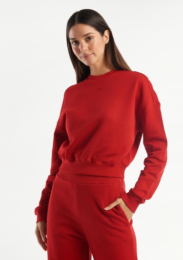  Kadın Kırmızı %100 Koton Rahat Kalıp Logolu Sweatshirt