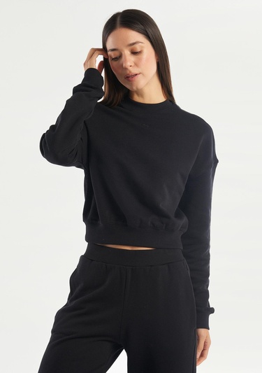  Kadın Siyah %100 Koton Rahat Kalıp Logolu Sweatshirt