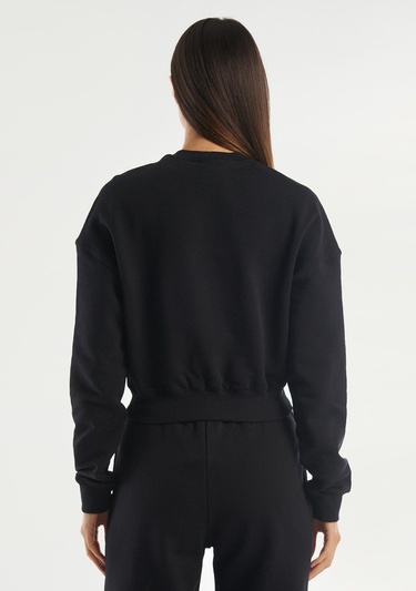  Kadın Siyah %100 Koton Rahat Kalıp Logolu Sweatshirt