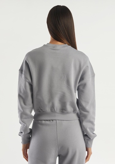 Kadın Açık Gri %100 Koton Rahat Kalıp Logolu Sweatshirt