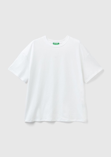  Kadın Beyaz %100 Koton Yarım Logolu T-Shirt