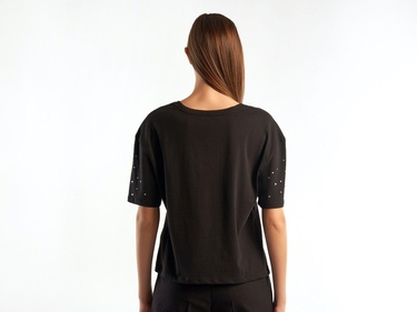  Kadın Siyah %100 Pamuk V Yaka Kolu Taşlı Tshirt