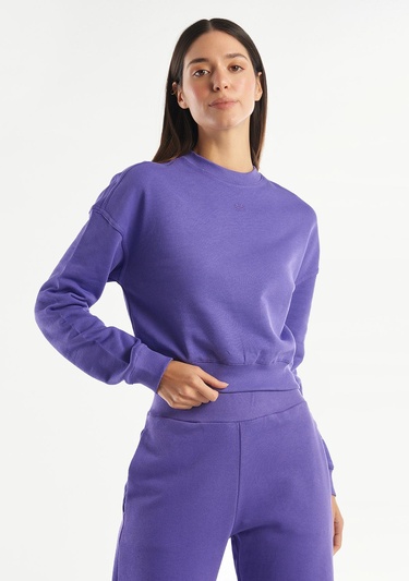  Kadın Mor %100 Koton Rahat Kalıp Logolu Sweatshirt