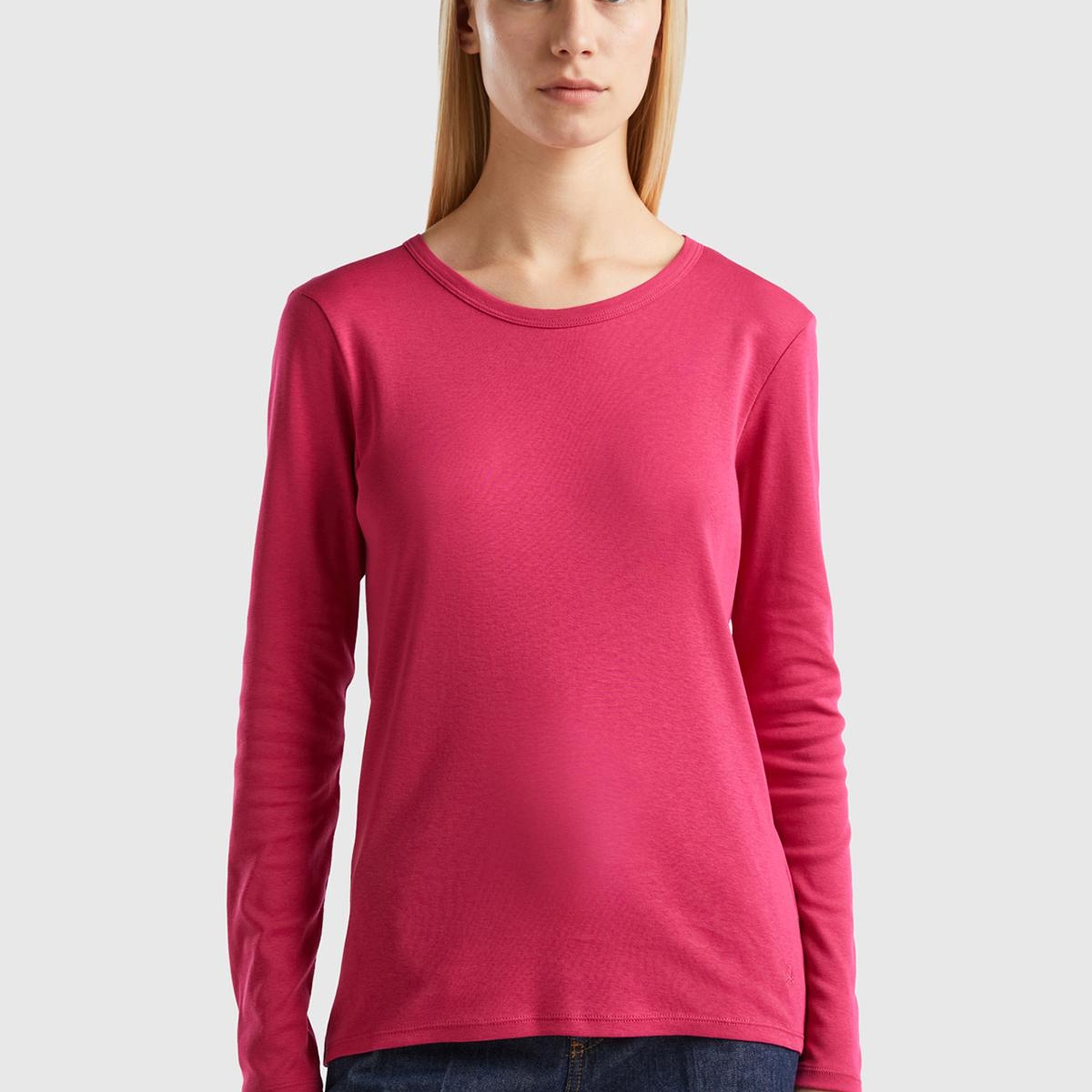 Kadın Koyu Fuşya Basic Bisiklet Yaka Uzun Kollu Tshirt