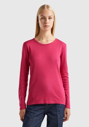  Kadın Koyu Fuşya Basic Bisiklet Yaka Uzun Kollu Tshirt