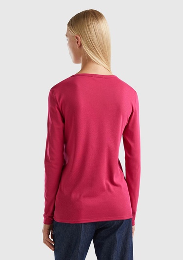  Kadın Koyu Fuşya Basic Bisiklet Yaka Uzun Kollu Tshirt