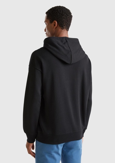  Erkek Siyah %100 Koton Kapşonlu Sweatshirt