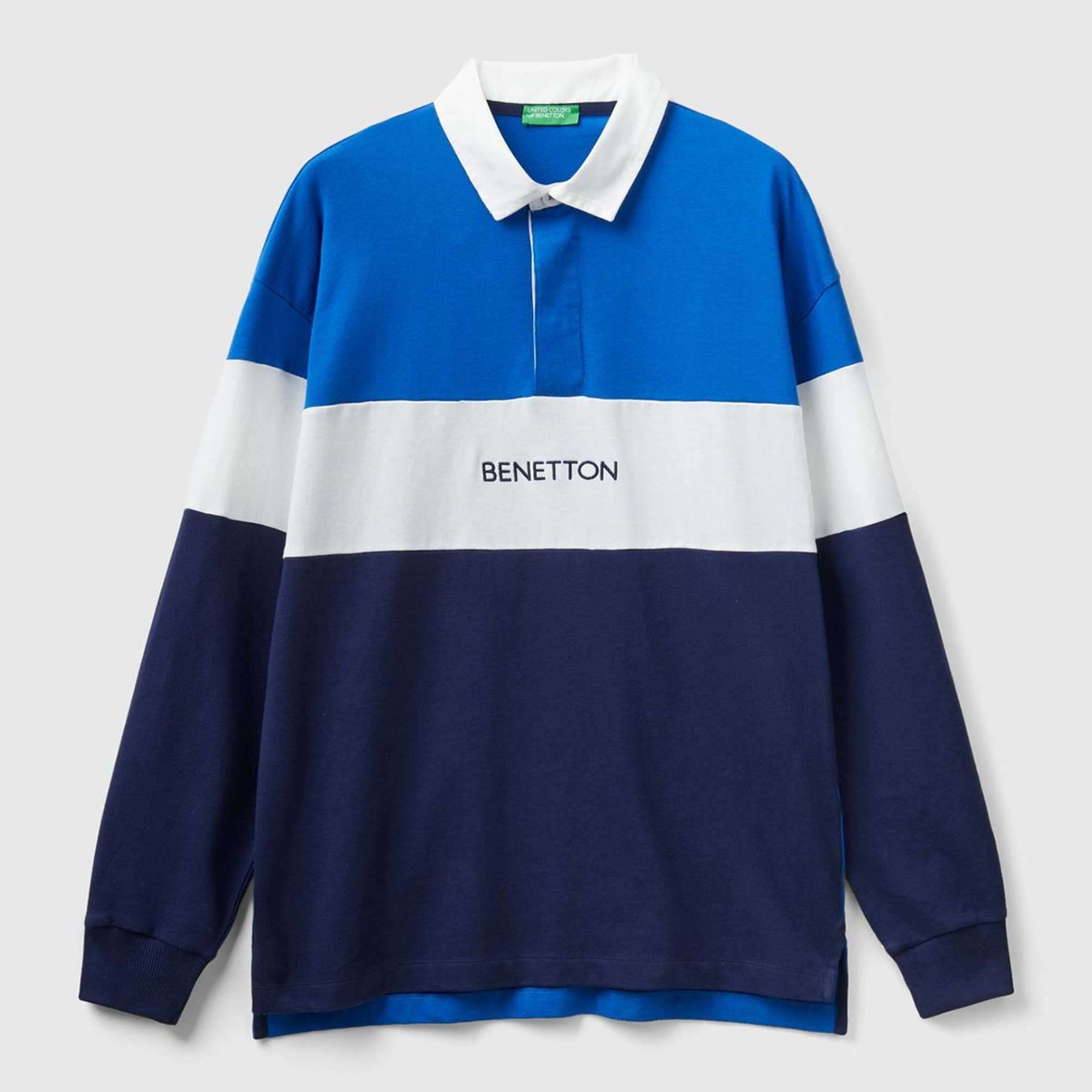 Unisex Saks Mavi %100 Koton Renk Bloklu Rugby T-Shirt