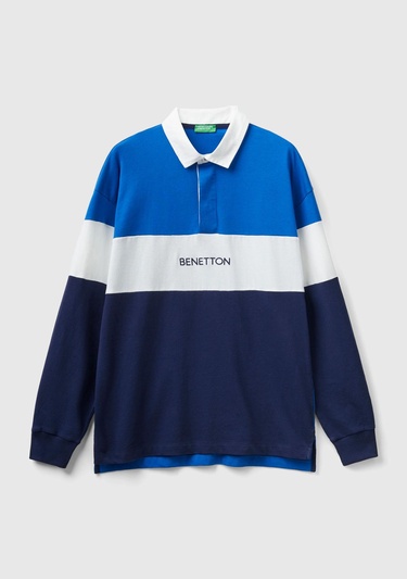  Unisex Saks Mavi %100 Koton Renk Bloklu Rugby T-Shirt