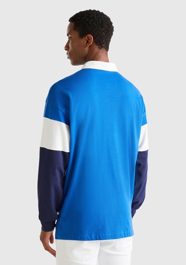  Unisex Saks Mavi %100 Koton Renk Bloklu Rugby T-Shirt