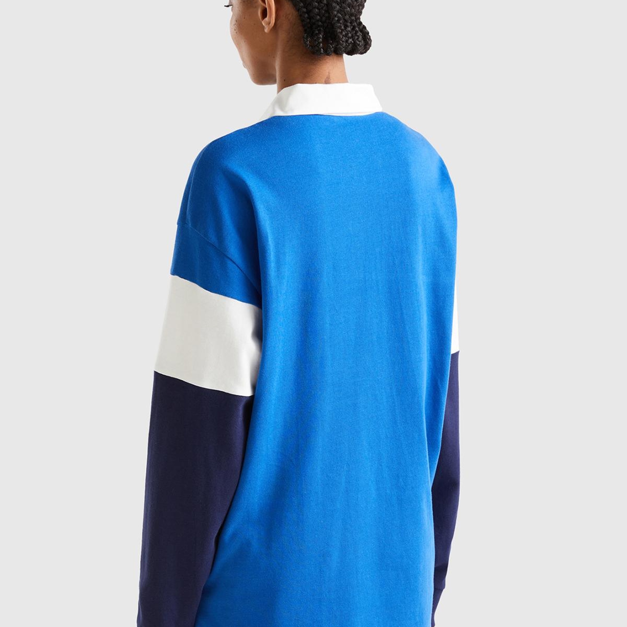 Unisex Saks Mavi %100 Koton Renk Bloklu Rugby T-Shirt