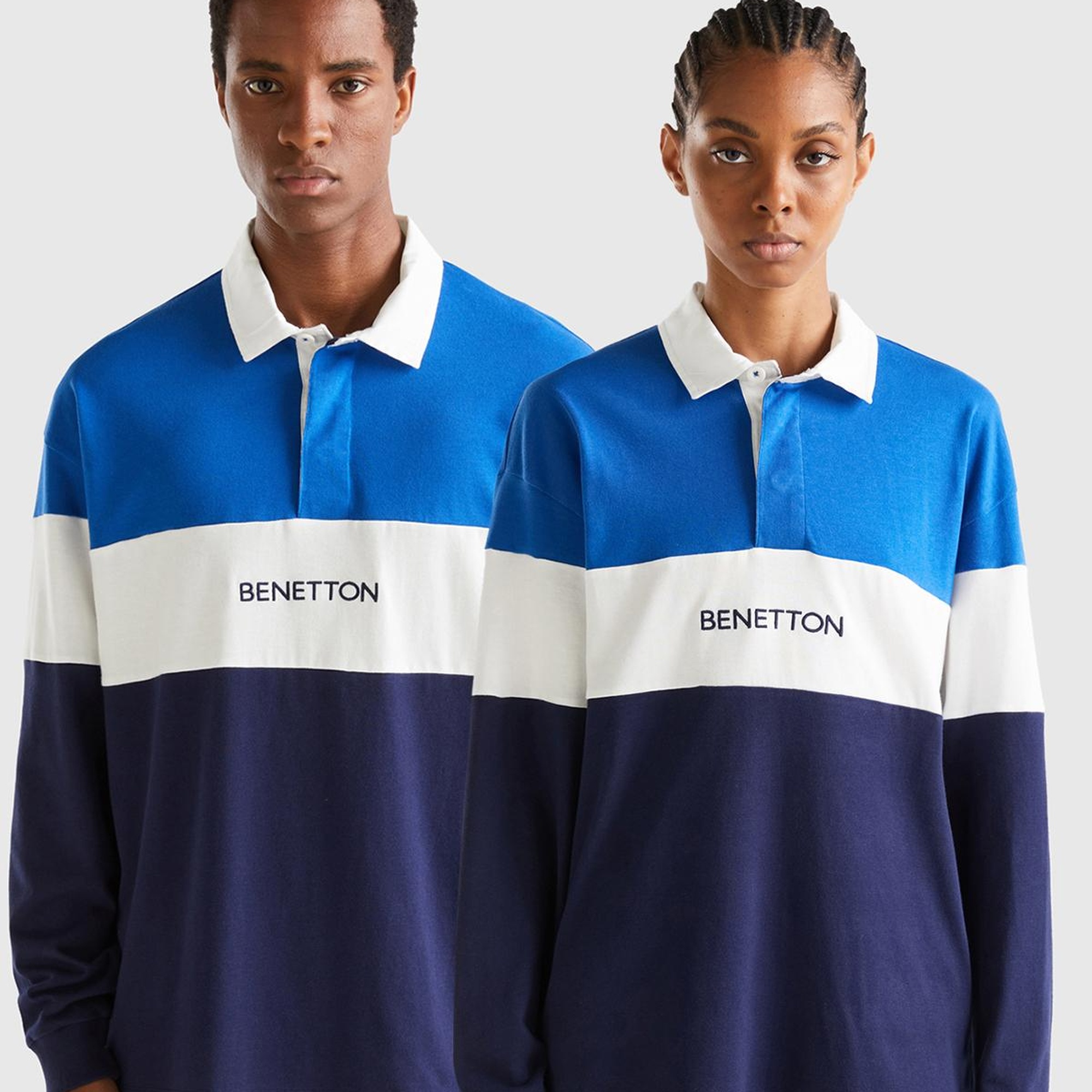 Unisex Saks Mavi %100 Koton Renk Bloklu Rugby T-Shirt