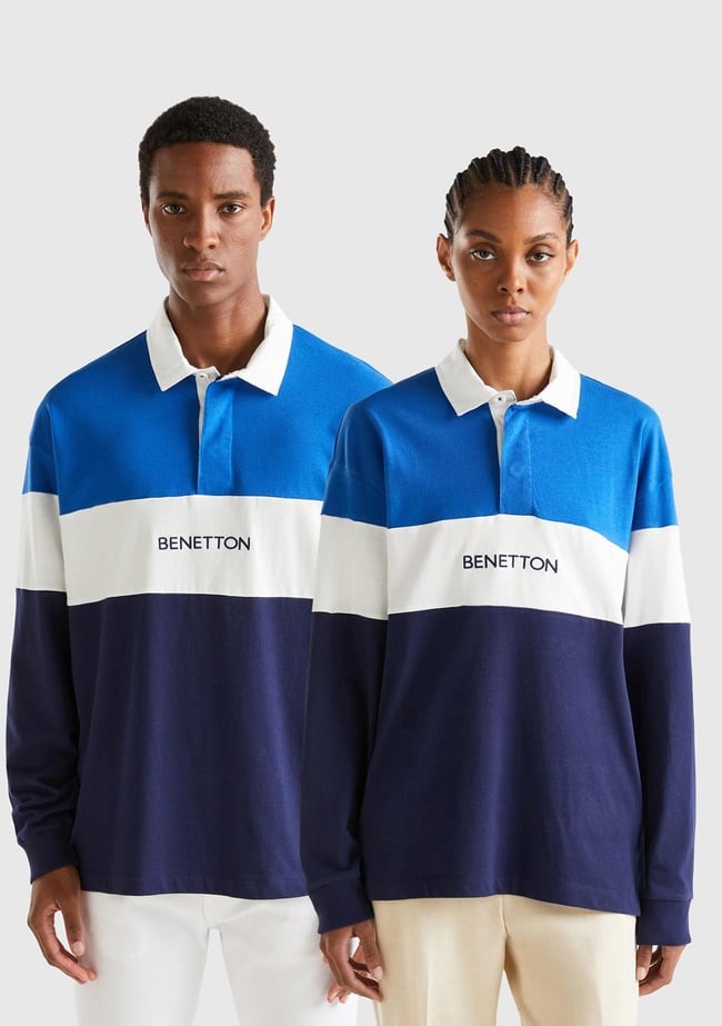  Unisex Saks Mavi %100 Koton Renk Bloklu Rugby T-Shirt