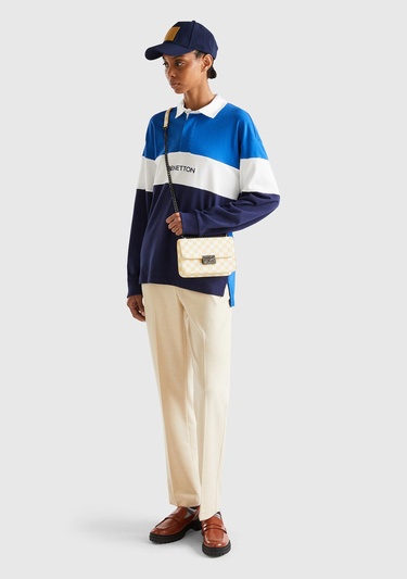  Unisex Saks Mavi %100 Koton Renk Bloklu Rugby T-Shirt