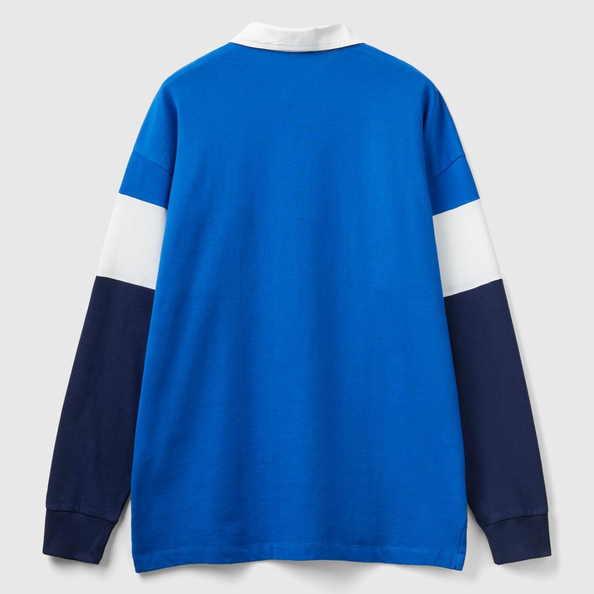 Unisex Saks Mavi %100 Koton Renk Bloklu Rugby T-Shirt