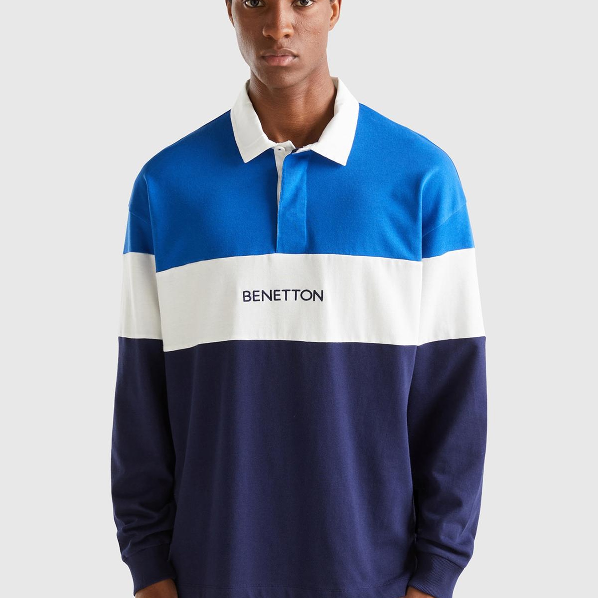 Unisex Saks Mavi %100 Koton Renk Bloklu Rugby T-Shirt