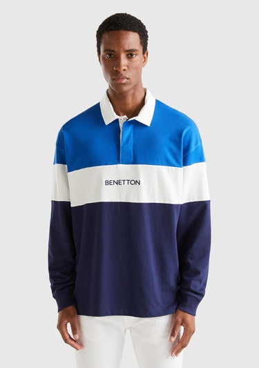  Unisex Saks Mavi %100 Koton Renk Bloklu Rugby T-Shirt