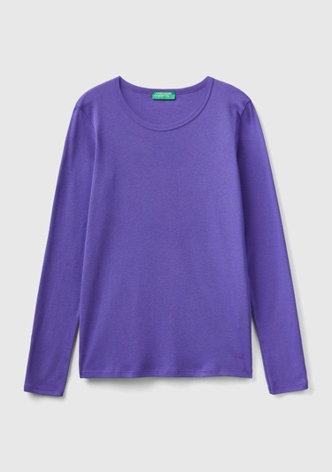  Kadın Mor Basic Bisiklet Yaka Uzun Kollu Tshirt