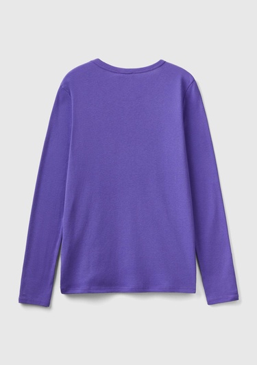  Kadın Mor Basic Bisiklet Yaka Uzun Kollu Tshirt