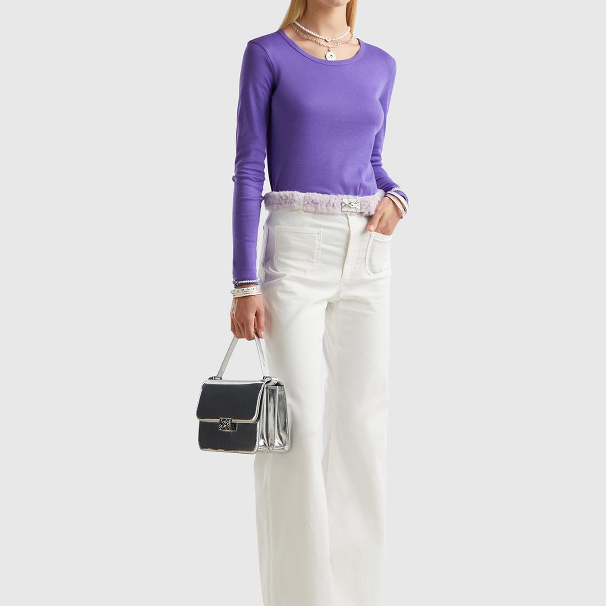 Kadın Mor Basic Bisiklet Yaka Uzun Kollu Tshirt