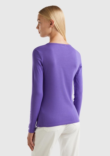  Kadın Mor Basic Bisiklet Yaka Uzun Kollu Tshirt