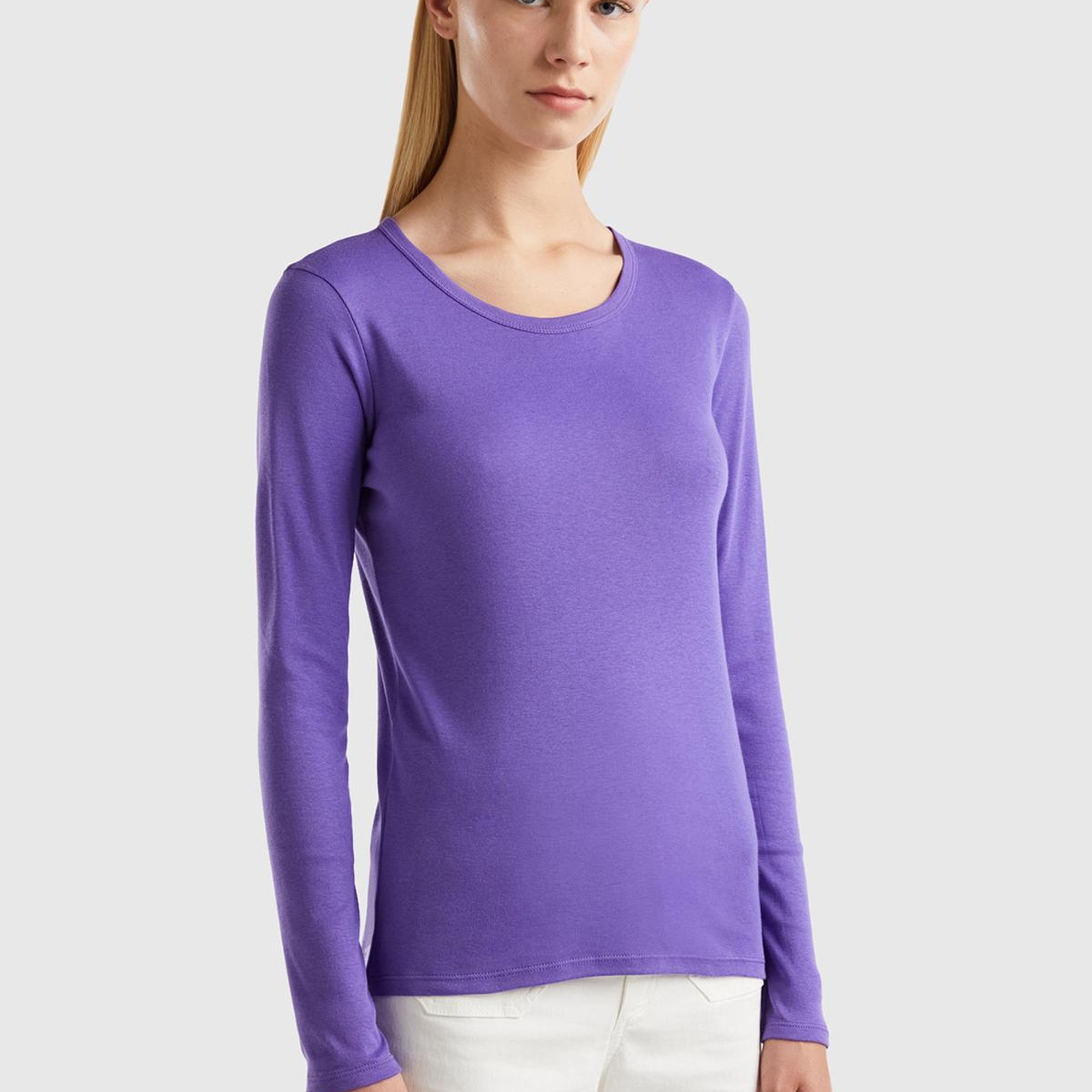 Kadın Mor Basic Bisiklet Yaka Uzun Kollu Tshirt