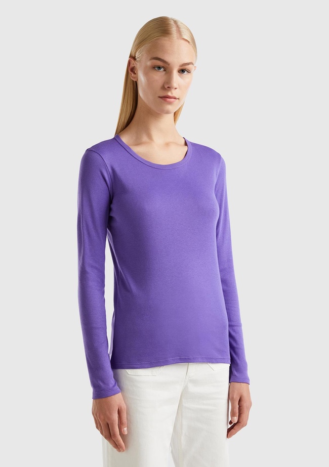  Kadın Mor Basic Bisiklet Yaka Uzun Kollu Tshirt