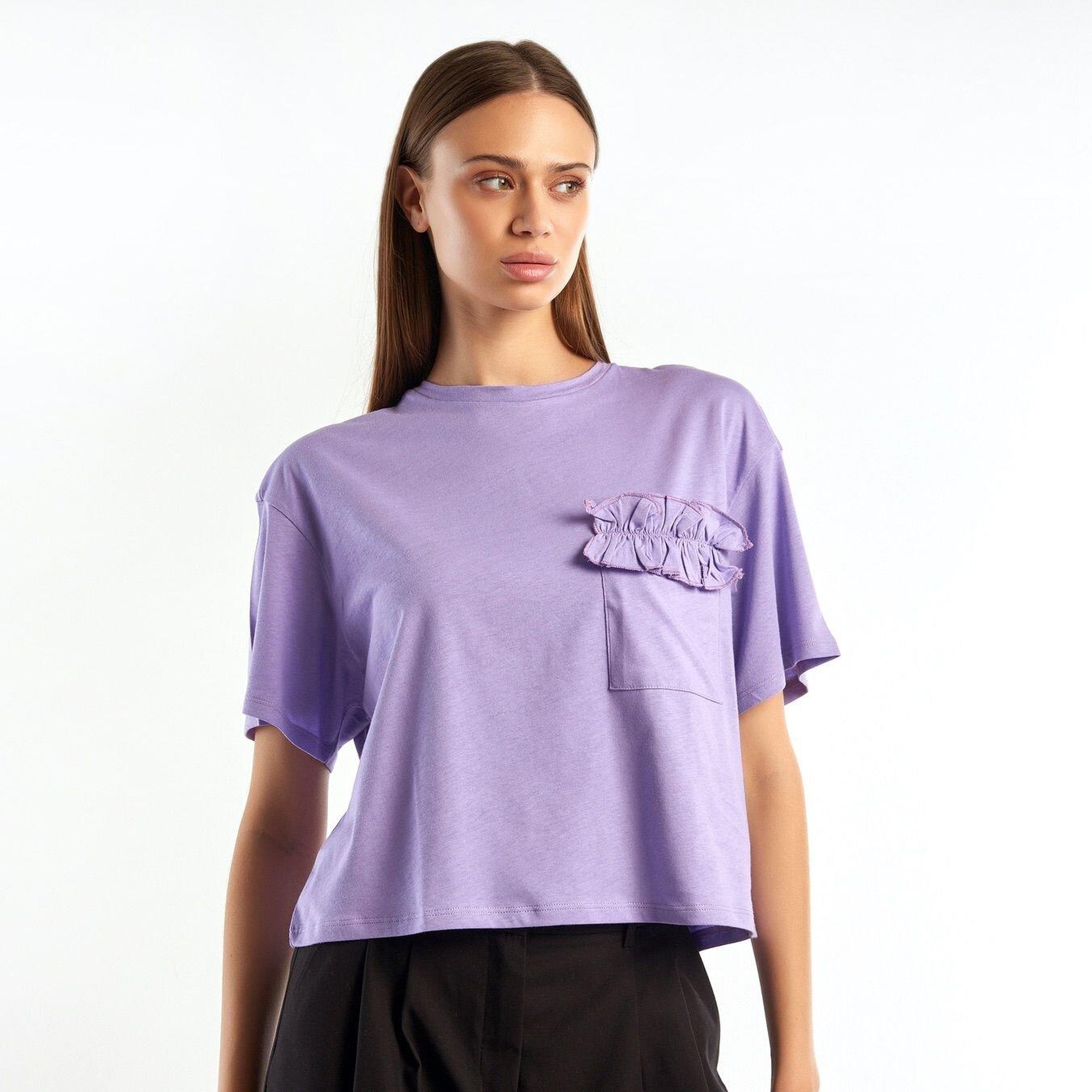 Kadın Lila %100 Koton Cebi Fırfırlı T-Shirt
