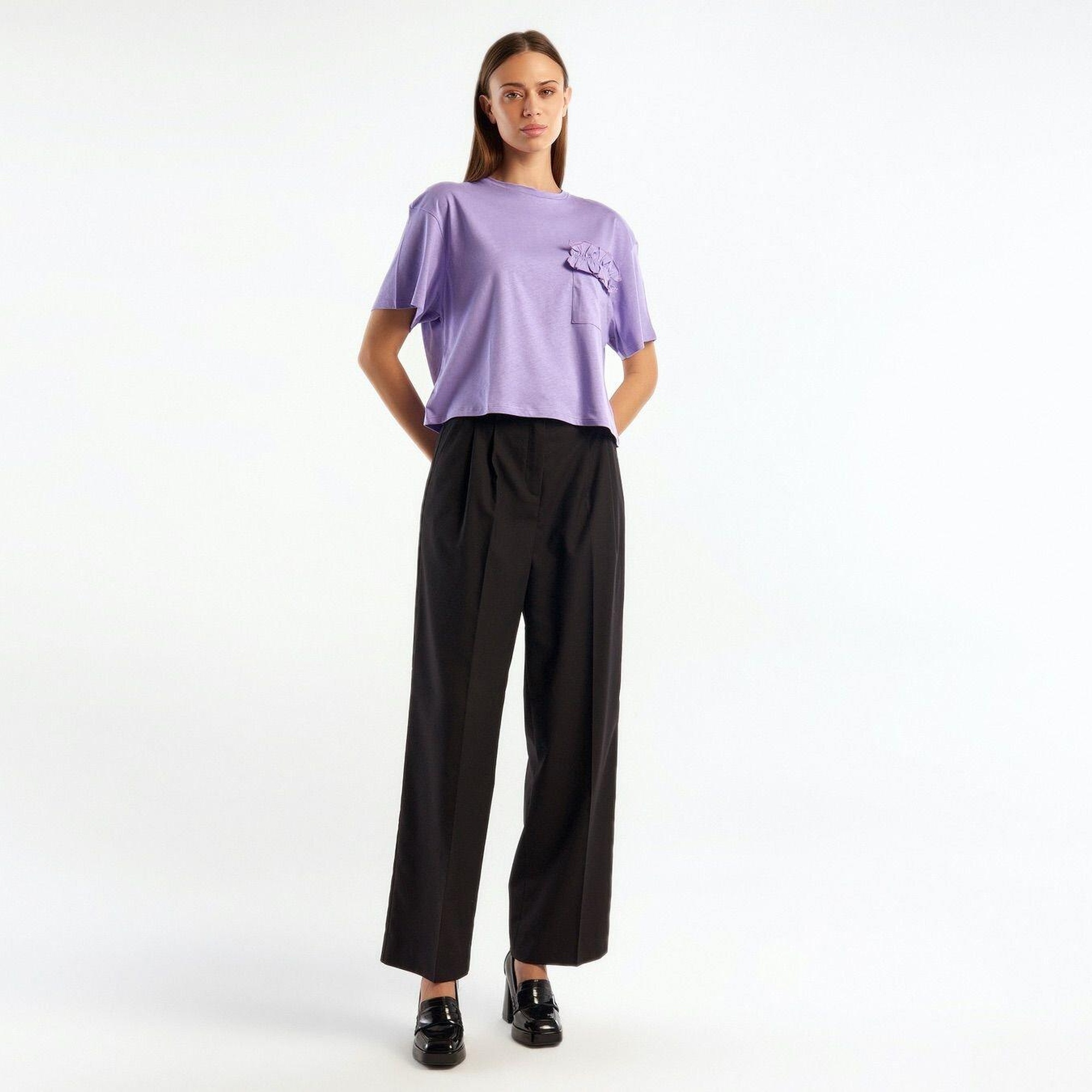 Kadın Lila %100 Koton Cebi Fırfırlı T-Shirt