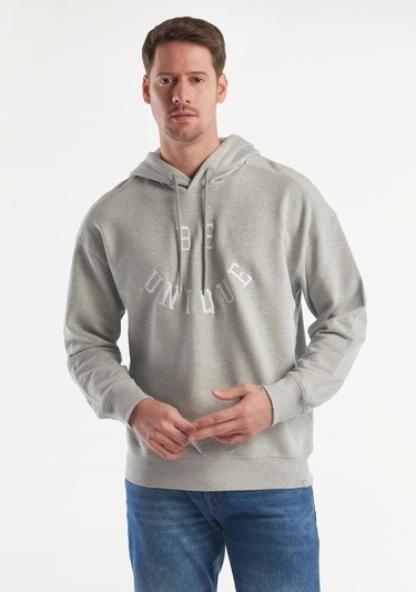  Erkek Gri Melanj Be Unique Baskılı Kapşonlu Sweatshirt