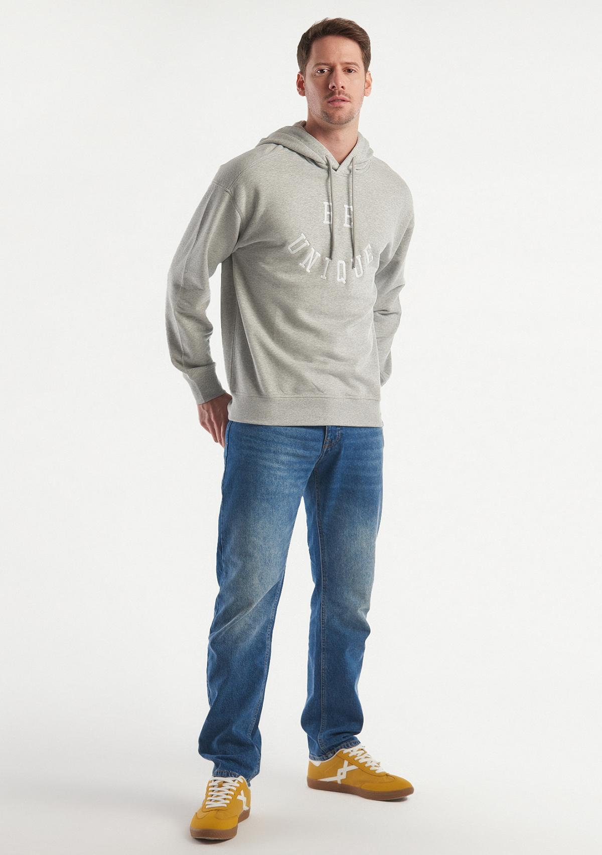 Erkek Gri Melanj Be Unique Baskılı Kapşonlu Sweatshirt