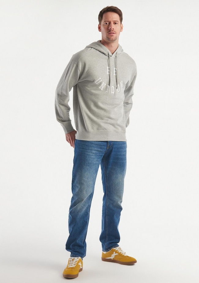  Erkek Gri Melanj Be Unique Baskılı Kapşonlu Sweatshirt