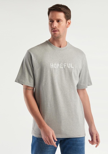  Erkek Gri Melanj %100 Koton Slogan Baskılı T-Shirt
