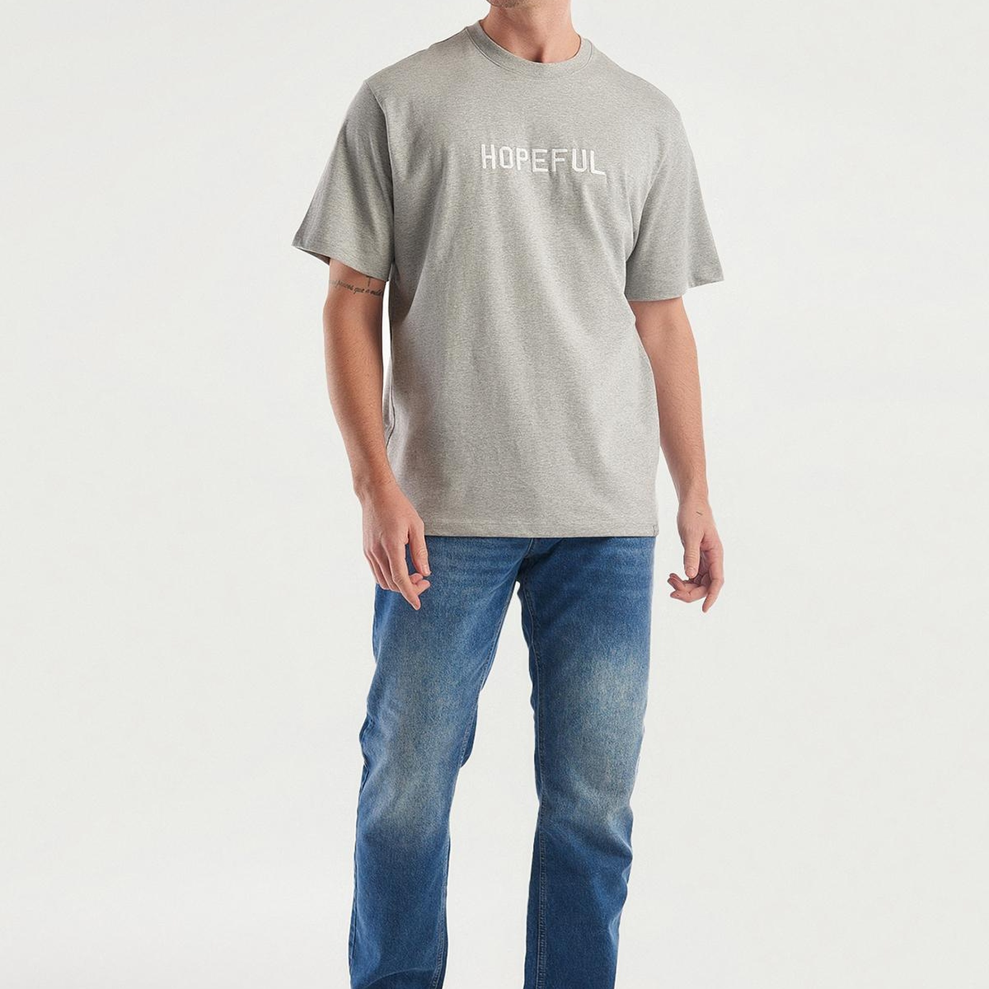 Erkek Gri Melanj %100 Koton Slogan Baskılı T-Shirt