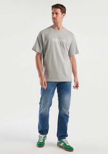  Erkek Gri Melanj %100 Koton Slogan Baskılı T-Shirt