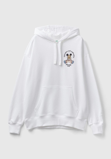  Unisex Beyaz Disney Desenli Kapşonlu Sweatshirt
