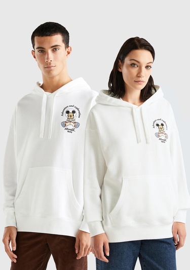  Unisex Beyaz Disney Desenli Kapşonlu Sweatshirt