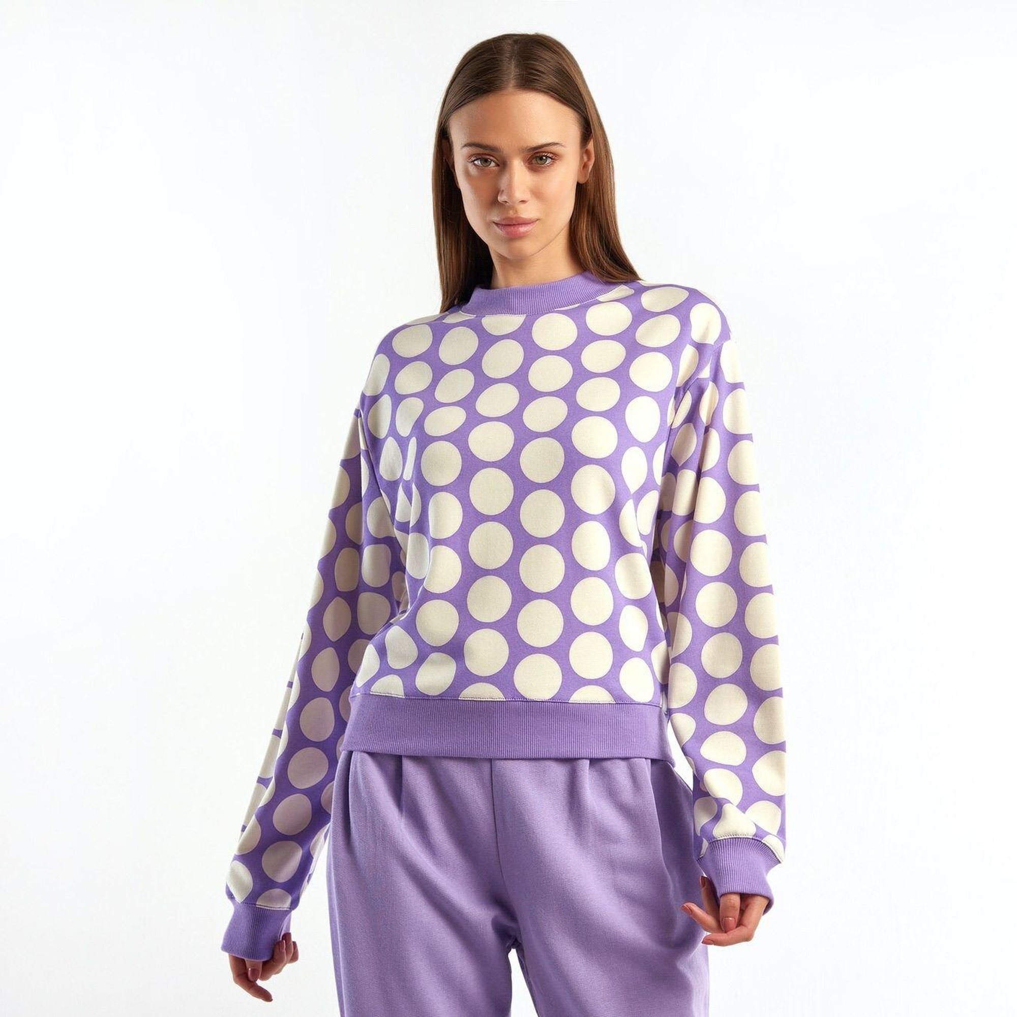 Kadın Lila Puantiyeli  Koton Sweatshirt