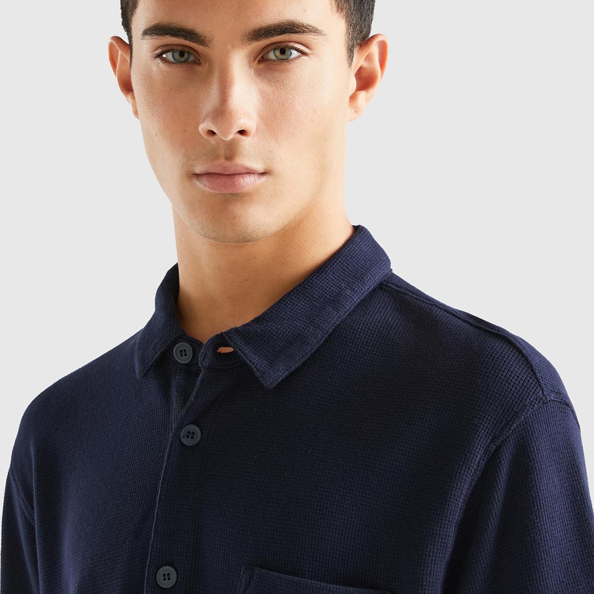 Erkek Lacivert %100 Koton Polo Yaka Waffle T-Shirt