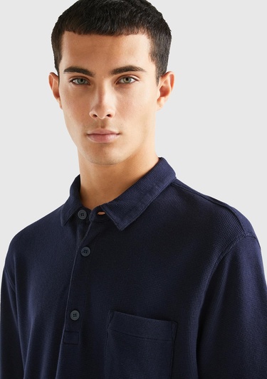  Erkek Lacivert %100 Koton Polo Yaka Waffle T-Shirt