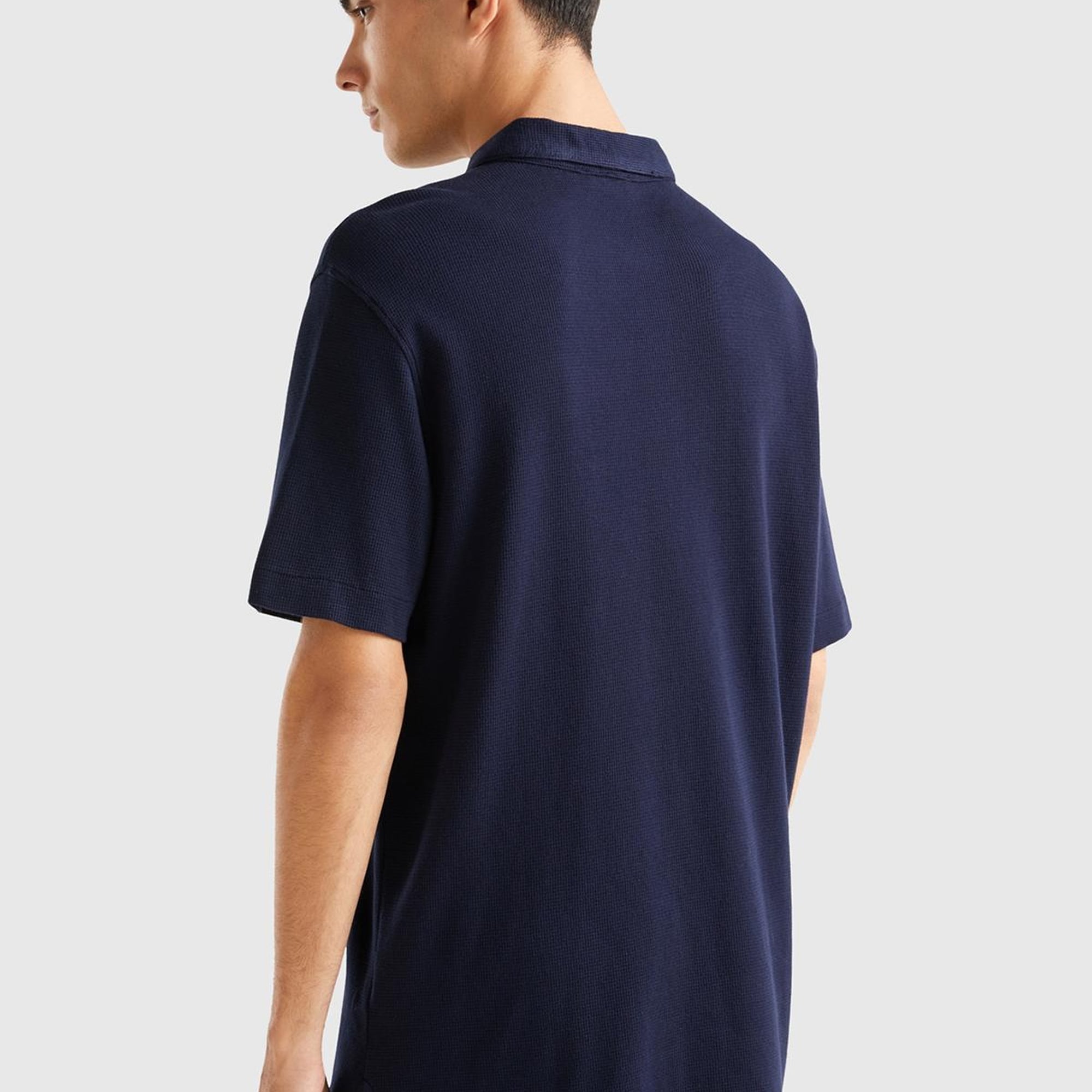 Erkek Lacivert %100 Koton Polo Yaka Waffle T-Shirt