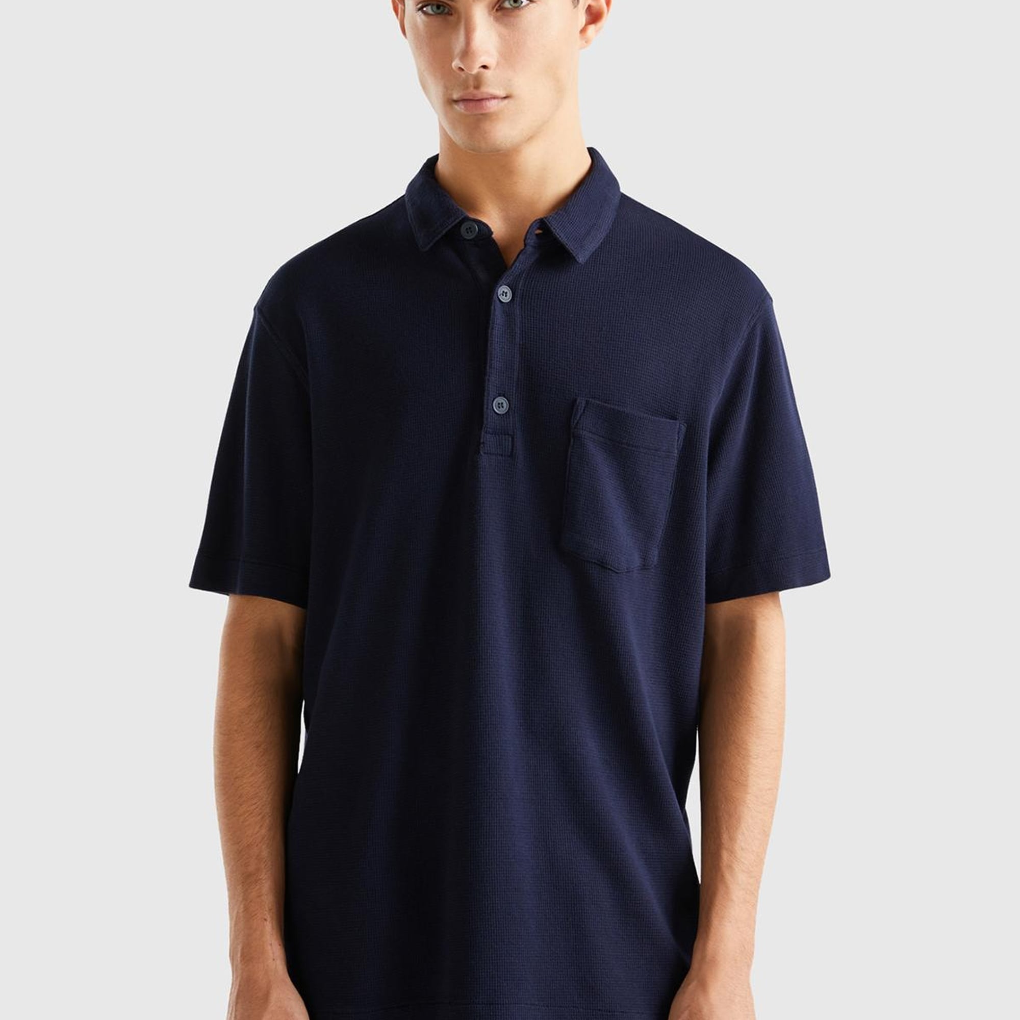 Erkek Lacivert %100 Koton Polo Yaka Waffle T-Shirt