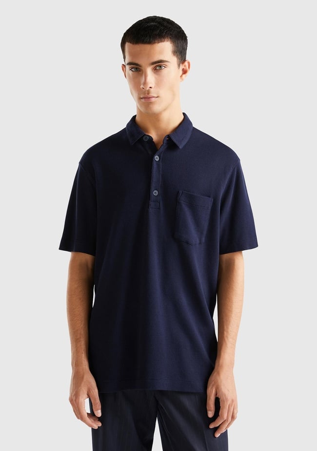  Erkek Lacivert %100 Koton Polo Yaka Waffle T-Shirt
